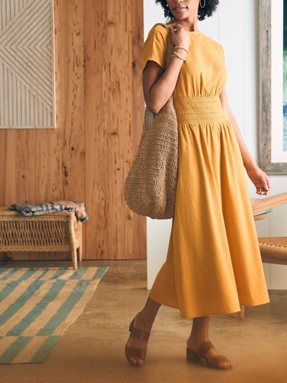 Faherty Coast To Coast Midi Dress - Honey Mustard - Large - new with tags